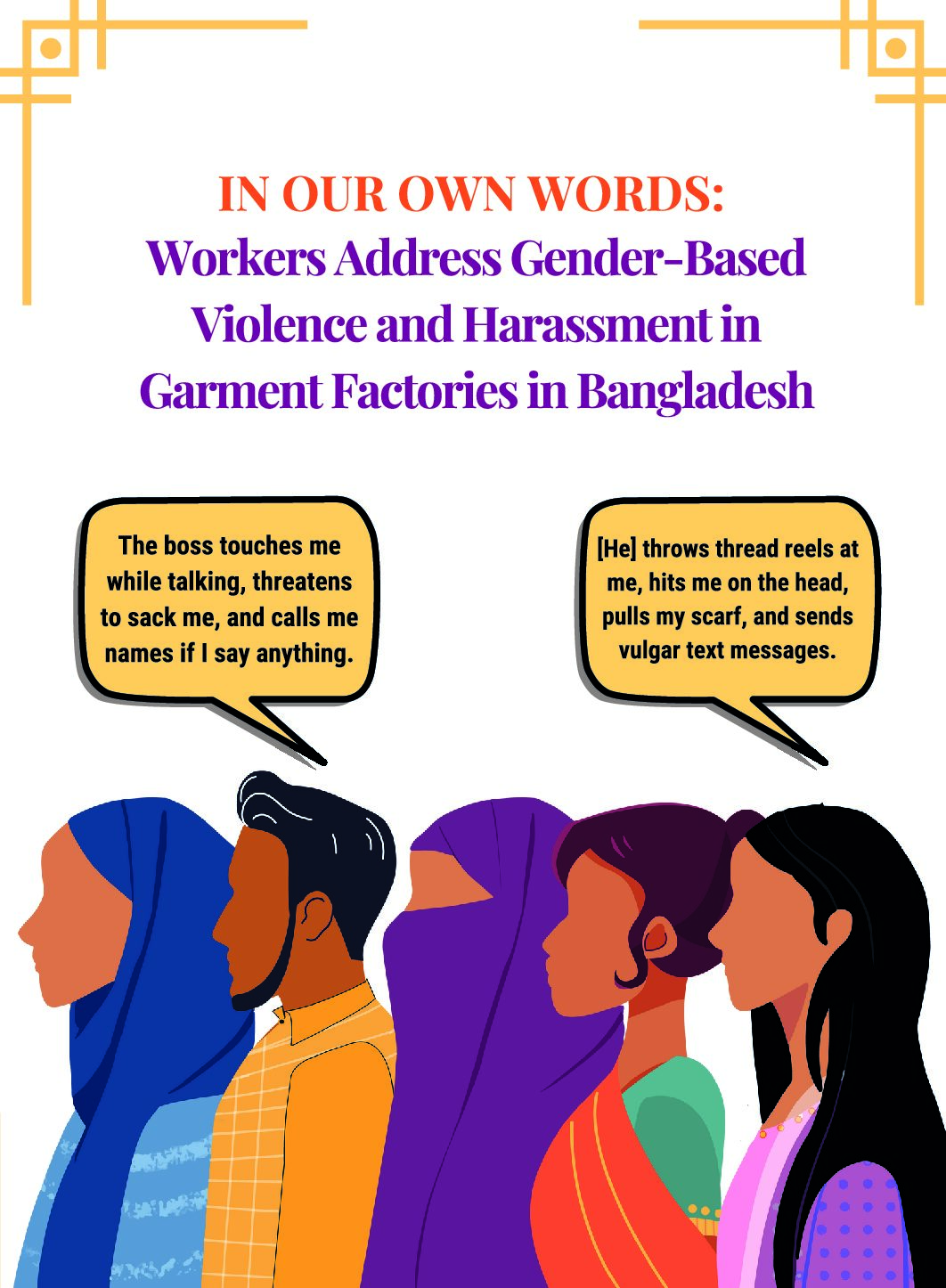 Cover of In Our Own Words: Workers Address Gender-Based Violence and Harassment in Garment Factories in Bangladesh, a report by Solidarity Center