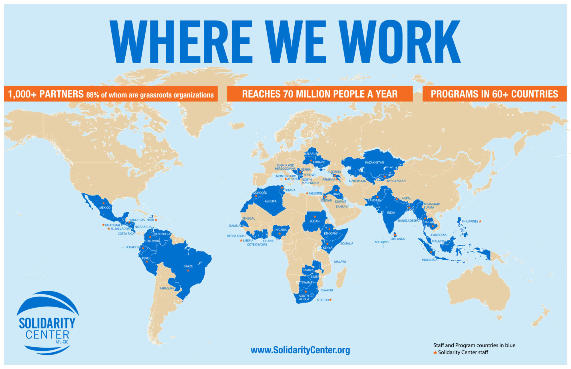 A map of the global areas that Solidarity Center works in