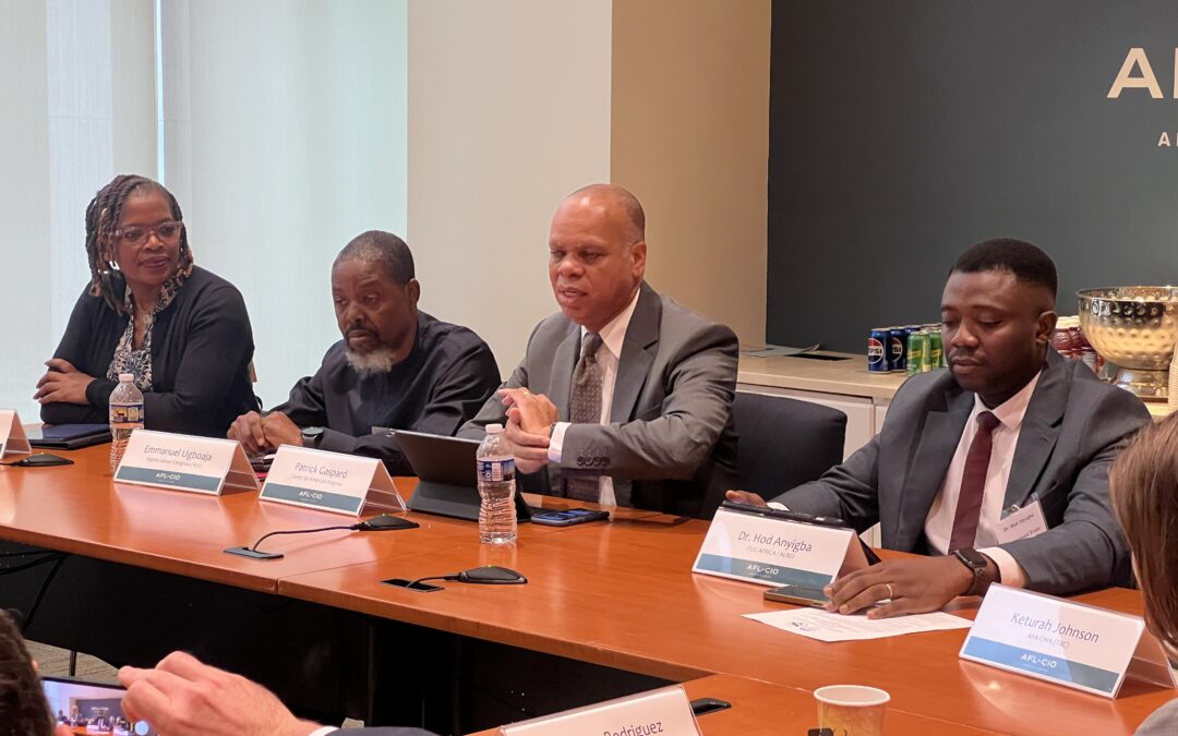 African unions and labor allies meet at AFL-CIO DC headquarters in advance of this week's USTR AGOA Forum, which solicits feedback from stakeholders for the agreement's renewal next year